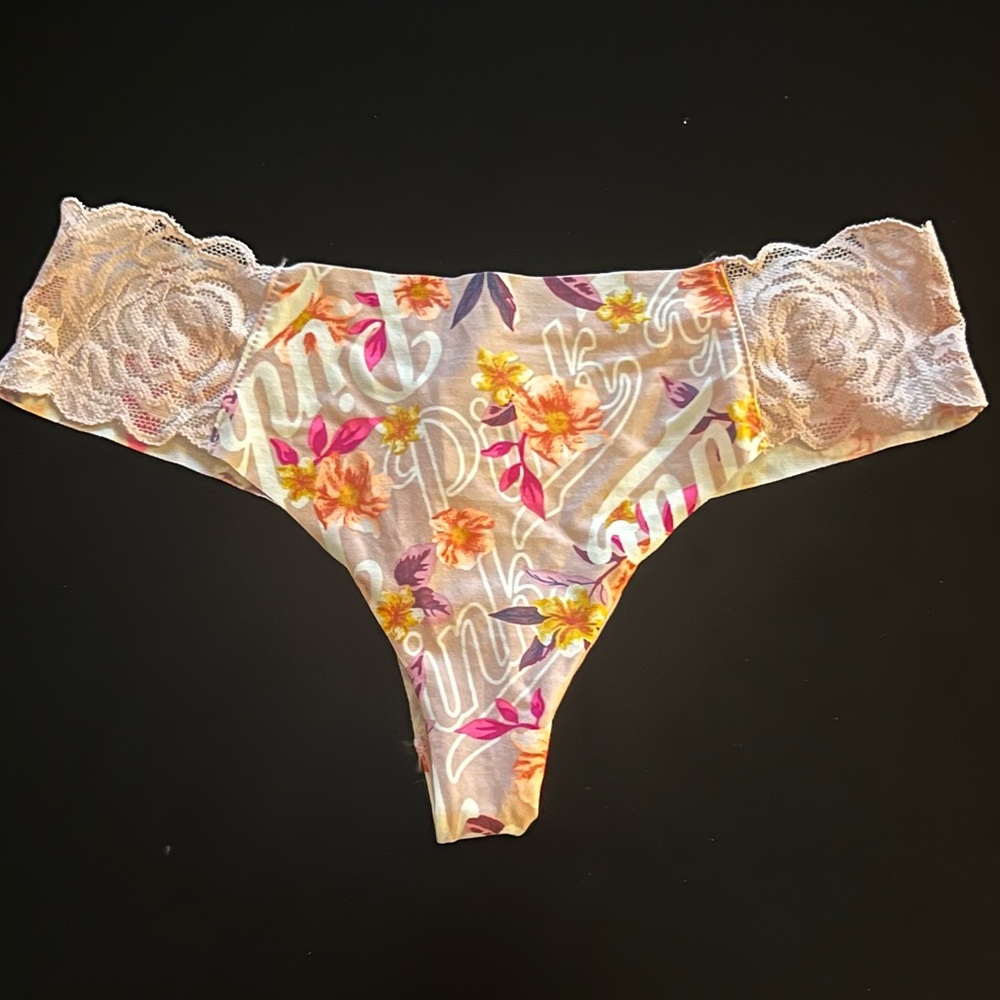 NWT PINK floral print lace no show thong